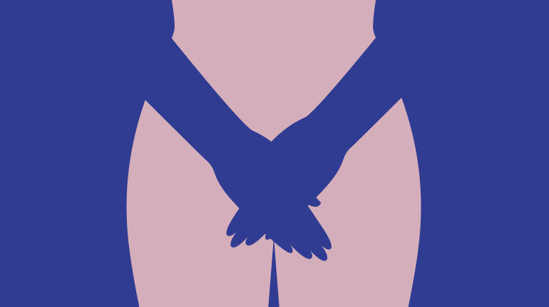 Illustration: Eine nackte Frau, die ihren Genitalbereich mit beiden Händen verdeckt.